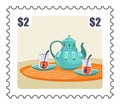 Turkish tea in cups and pot on tray, postmark