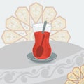 Turkish Tea on Table with Pattern Vector Illustration