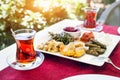 Turkish tea and meze in restaurant Royalty Free Stock Photo