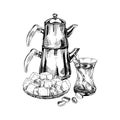 Turkish tea and oriental sweets, retro hand drawn vector illustration.
