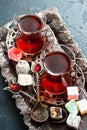 Turkish tea and turkish delight on traditional embossed metal tray