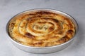 Turkish Tepsi Boregi, Round Borek, Tray pastry Turkish name; rulo borek Royalty Free Stock Photo