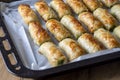 Turkish Tepsi Boregi, Round Borek, Tray pastry Turkish name; rulo borek - sigara boregi Royalty Free Stock Photo