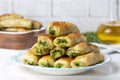 Turkish Tepsi Boregi, Round Borek, Tray pastry (Turkish name rulo borek - sigara boregi Royalty Free Stock Photo