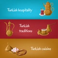 Turkish touristic banners with brass utensils double teapot, tea glass, locum, pitcher, coffee, simit.