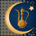 Turkish traditional decorated copper pitcher with oriental decoration, moon, and star on dark blue background. Royalty Free Stock Photo