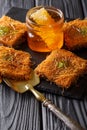 Turkish traditional dessert kadayif with pistachio and honey close-up. Vertical Royalty Free Stock Photo