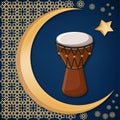 Turkish traditional drum on decorated background with golden moon, star and oriental ornament.