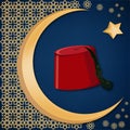 Turkish traditional red hat fez or tarboosh with arabic style ornament and moon and star background.