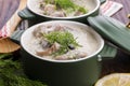 Turkish traditional tripe soup; iskembe corbasi and offal soup