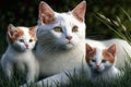 Turkish Van Cat With Kittens In The Grass. Generative AI