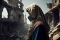 Turkish woman near the ruined building affected by the earthquake.