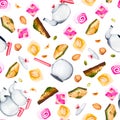 Turkiye and sweets. Watercolor seamless pattern on an isolated background. Can be used for your designs