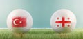 Turkiye vs Georgia football match infographic template for Euro 2024 matchday scoreline announcement. Two soccer balls with