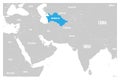 Turkmenistan blue marked in political map of South Asia and Middle East. Simple flat vector map