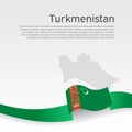 Turkmenistan flag, mosaic map background. State patriotic turkmen banner, cover. Wavy ribbon color flag of turkmenistan