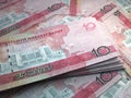Turkmenistan money. Manat banknotes. 10 TMT Turkmen bills. 3d illustration