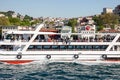 Turks standing on a ship, a ferryboat in Istanbul, a vapur, a ferry boat ship connecting Asia to Europe