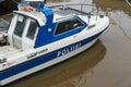 Turku, Finland - April 29 2018: water police motor boat with in harbor closeup, Turku April 29, 2018