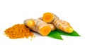 Tumeric rhizome with green leaf and pile of turmeric powder isolated on white