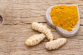 Turmeric in bowl on table, top view Royalty Free Stock Photo