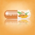 Turmeric in capsule vitamin yellow with turmeric slices and leaves.