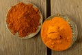 Turmeric and chili powder on silver plates top view Royalty Free Stock Photo