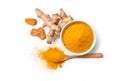 Turmeric Curcuma longa Linn powder in white bowl with rhizome Royalty Free Stock Photo