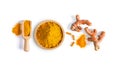 Turmeric Curcuma powder pile in wood bowl  and capsule isolated on white Royalty Free Stock Photo