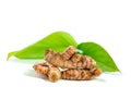 Turmeric curcuma root with green leaves isolated on white.