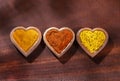 Turmeric, curry and paprika spice set. Text space