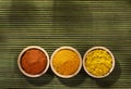 Turmeric, curry and paprika spice set. Text space