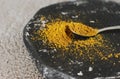 Turmeric curry powder in spoon on wooden background