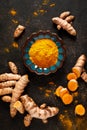 Turmeric. Fresh turmeric root and turmeric, curcumin powder