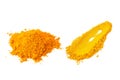 Yellow turmeric powder on white background. herbal