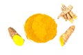 Turmeric powder and fresh turmeric on white background. Herbal