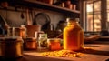 Turmeric powder in a glass jar on a wooden table Royalty Free Stock Photo