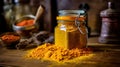 Turmeric powder in a glass jar on a wooden table Royalty Free Stock Photo