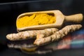 Turmeric powder Kurkuma in a wooden spoon and roots