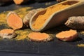 Turmeric powder in a wooden spoon and roots on a dark table curcuma longa, Kurkuma