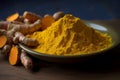 Turmeric powder plate and raw roots. Generate ai Royalty Free Stock Photo