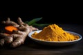 Turmeric powder roots. Generate ai Royalty Free Stock Photo