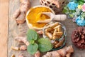 Turmeric powder with tumeric capsules for health. Royalty Free Stock Photo