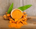 Turmeric powder on wood background