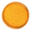 Turmeric powder in wooden bowl over white