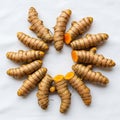 Rhizomes (Curcuma longa) are arranged in a circular pattern on a white Royalty Free Stock Photo