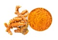 Turmeric root and dry tumeric in wood bowl Royalty Free Stock Photo