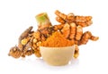 Turmeric root and dry tumeric in wood bowl Royalty Free Stock Photo