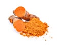 Turmeric root and powder isolated on white background Royalty Free Stock Photo