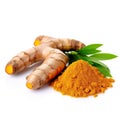 Turmeric root and powder isolated on white background close up Generative AI Royalty Free Stock Photo